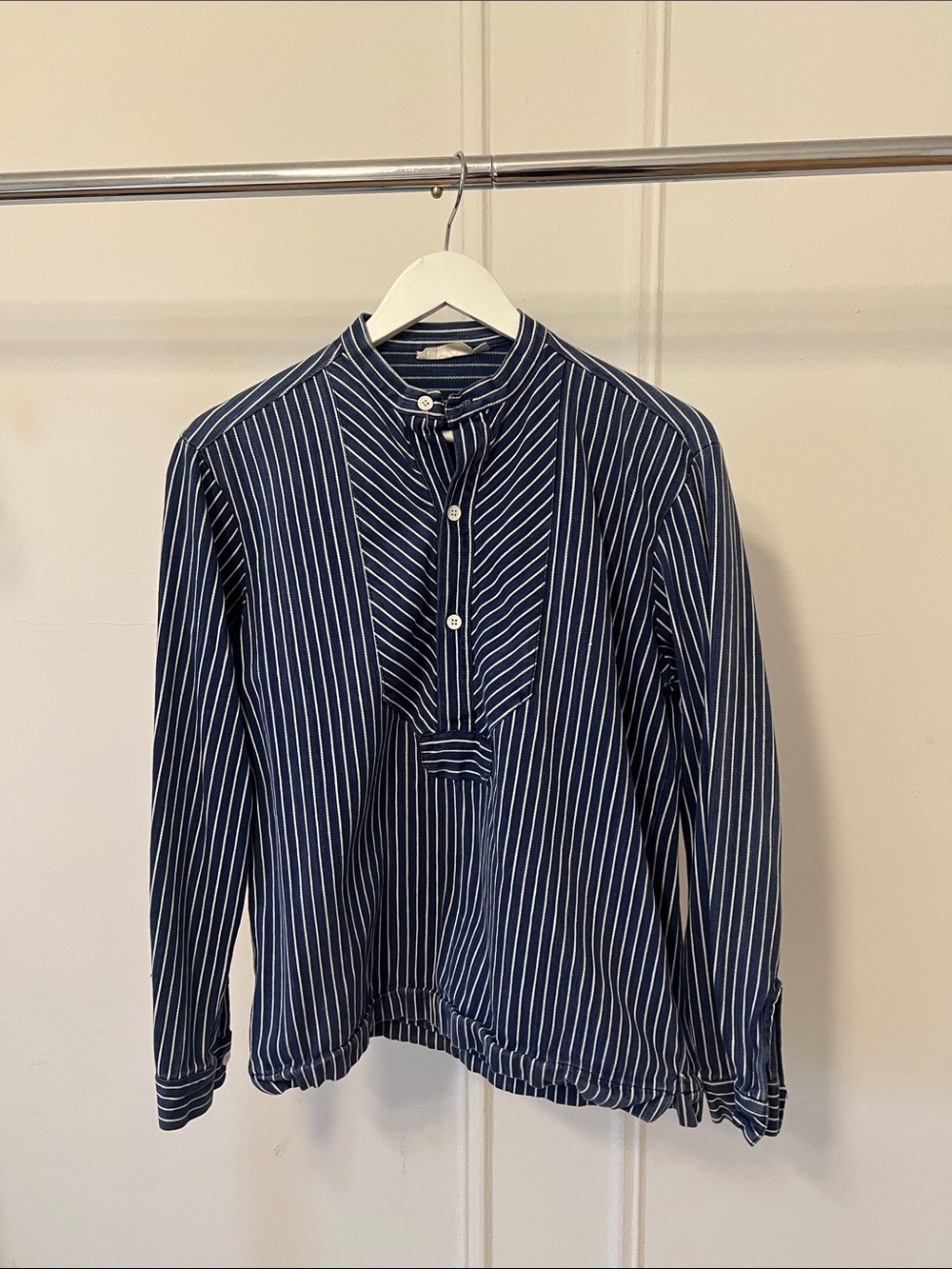 Men's French Vintage Navy Striped Band Collar Shirt